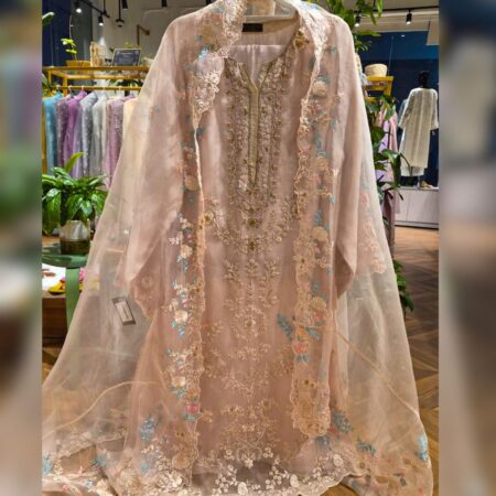Aghanoor stitched suit in elegant organza silk 3pcs. Light Brown