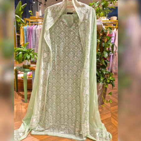 Aghanoor stitched suit in elegant cotton net fabric 3pcs. Mint Green