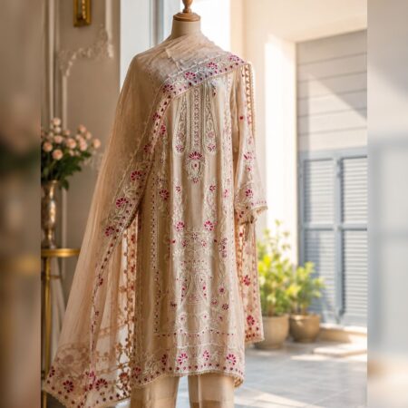 Aghanoor stitched suit in elegant cotton net fabric 2pcs. Tan Brown